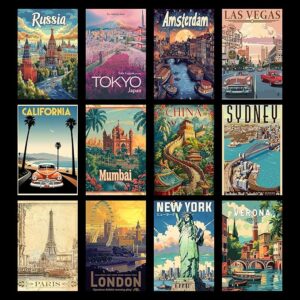 Travel Posters Set of 12 | A4 Vintage Aesthetic City Posters
