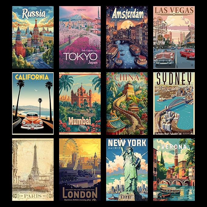Travel Posters Set of 12 | A4 Vintage Aesthetic City Posters